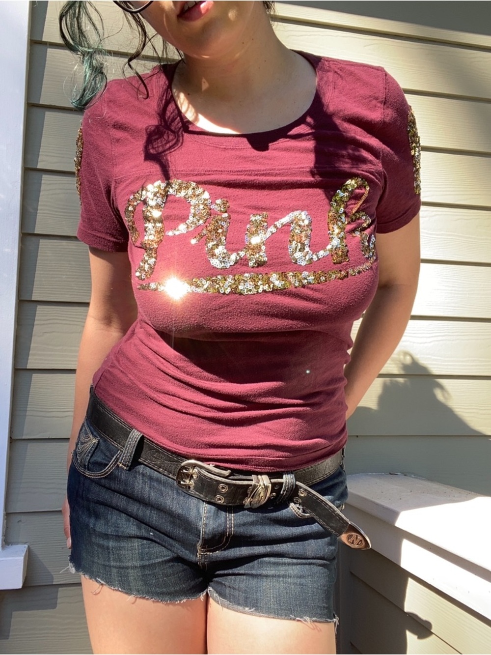 PINK Victoria's Secret Burgundy Short-Sleeve Sequin Logo Tee